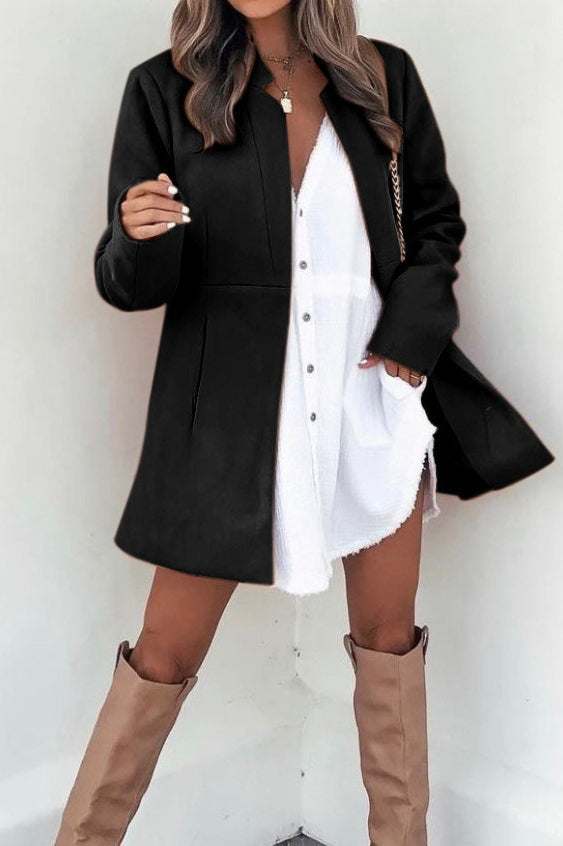 Collarless Open Front Long Sleeve Seamed Mid Length Coat 6