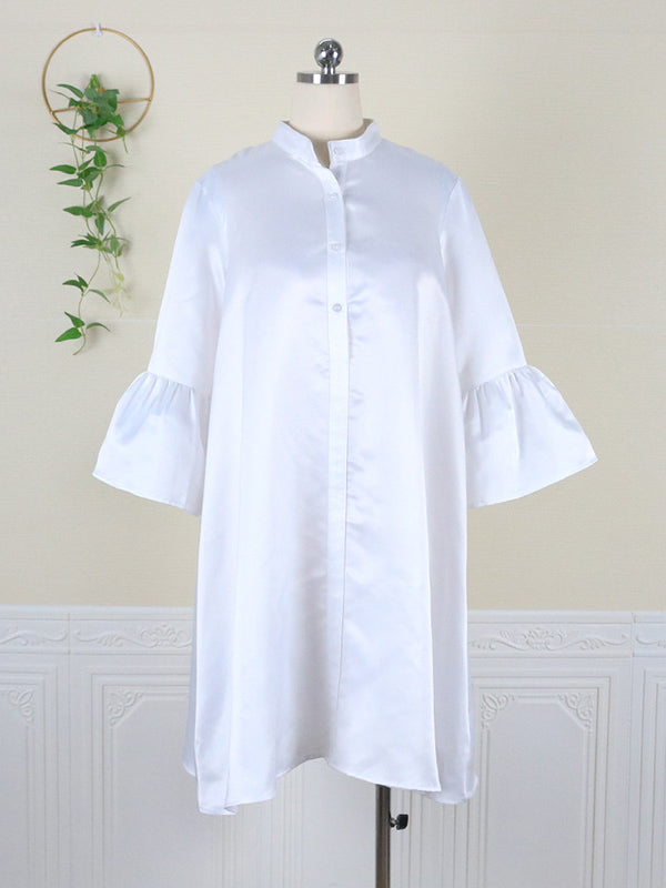 Satin Stand Collar Bell Sleeve Swing Midi Dress 5