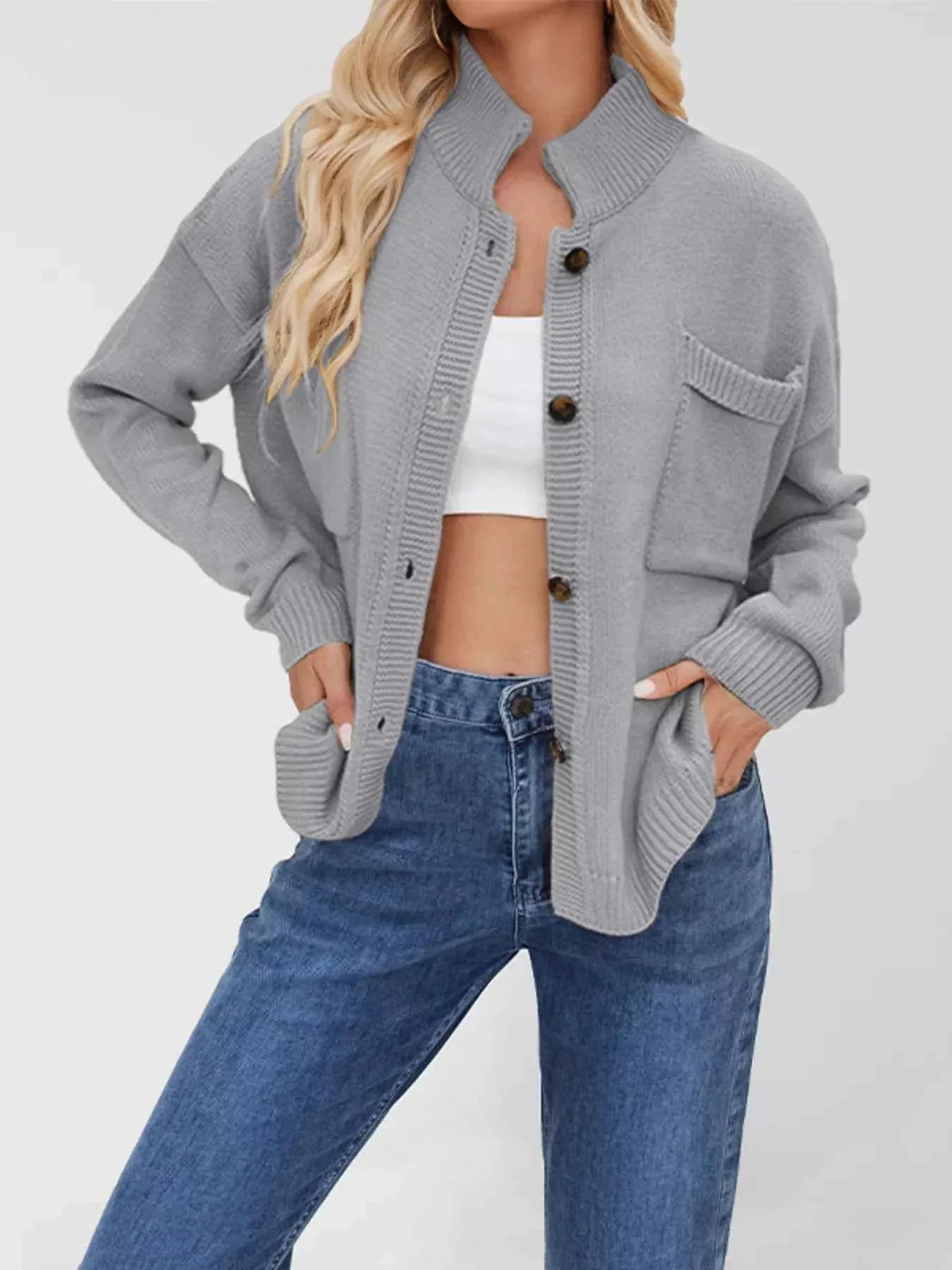 Mock Neck Button Front Dropped Shoulder Pocket Knit Cardigan 10