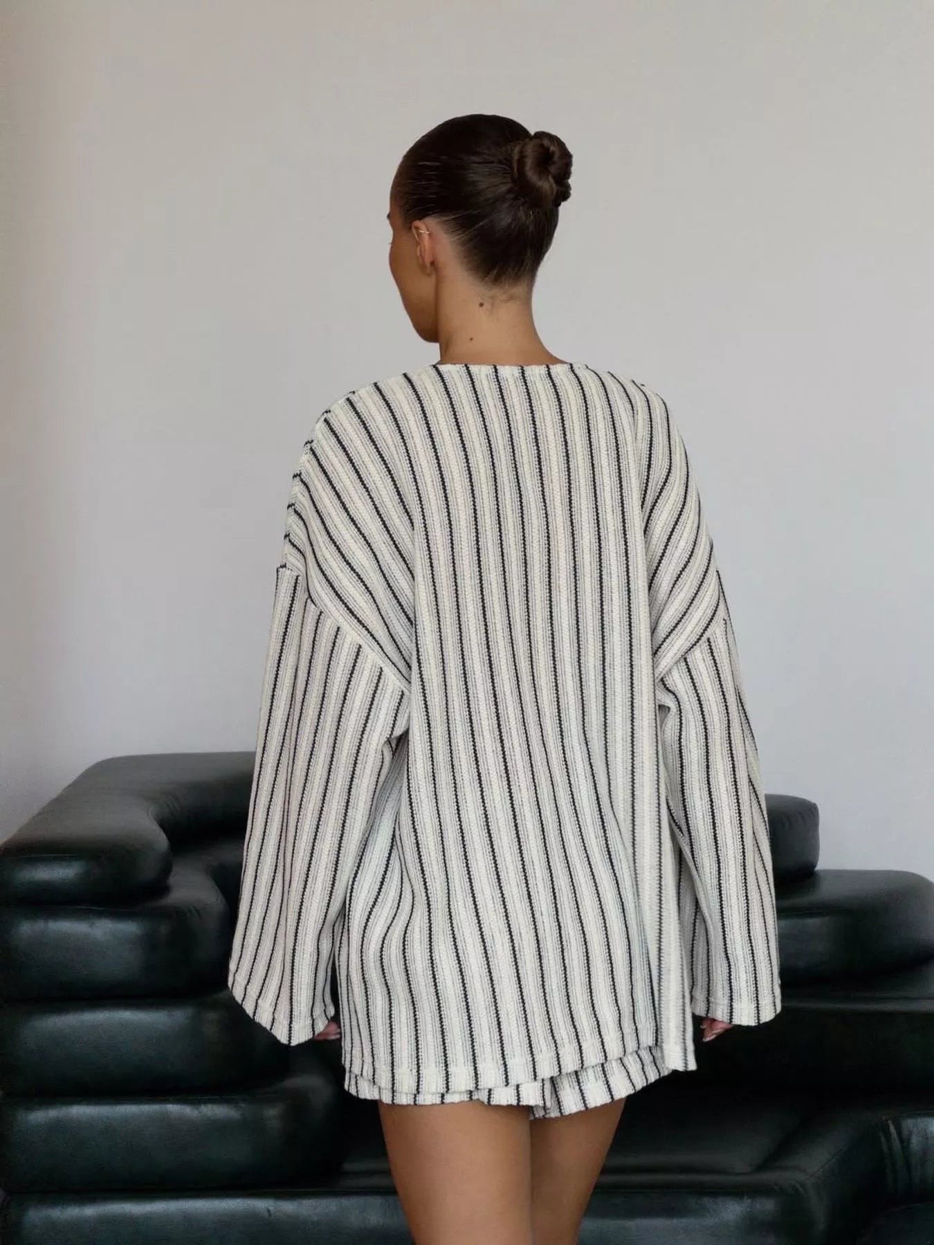 Striped Tie Front Top and Shorts Lounge Set
