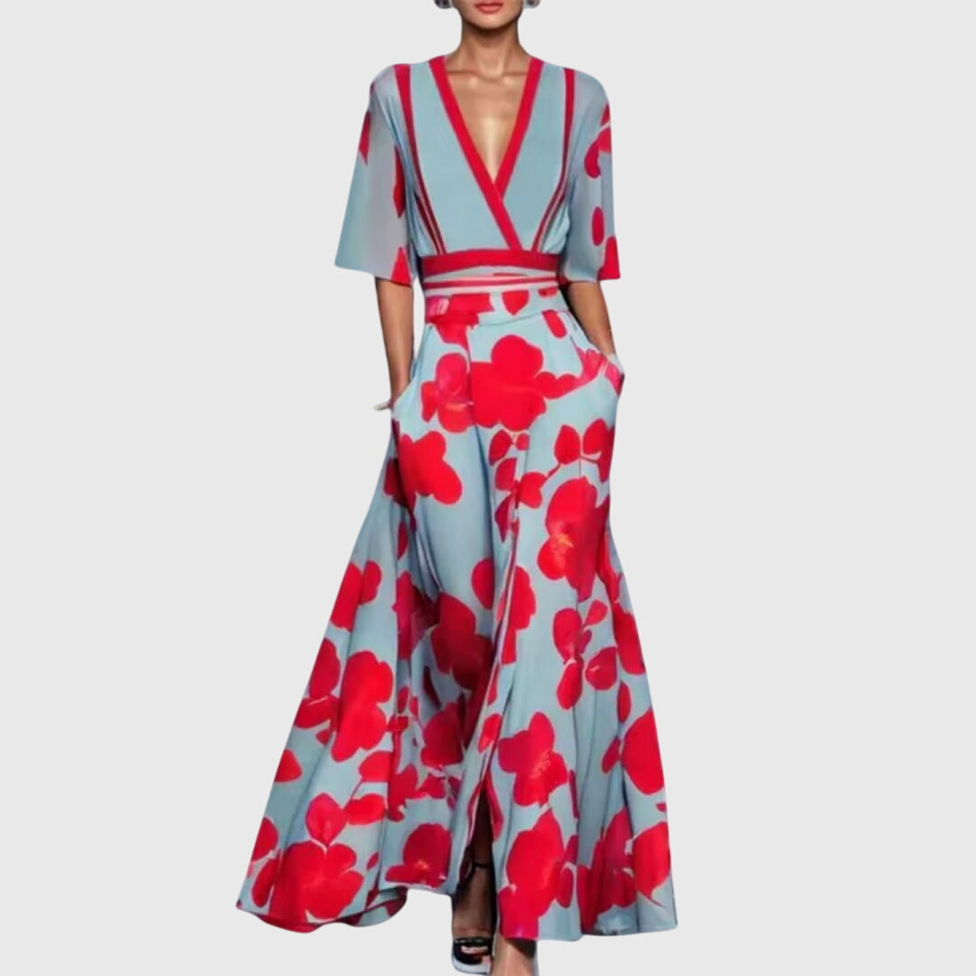 Floral Print Surplice V-Neck Wide Leg Two Piece Set