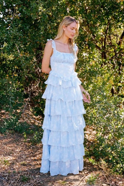 Floral Square Neck Ruffle Strap Tiered Maxi Prom Dress