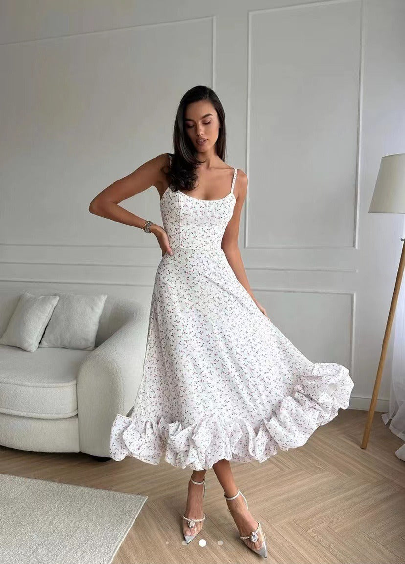Spaghetti Strap Square Neck Ruffle Hem A-Line Midi Dress