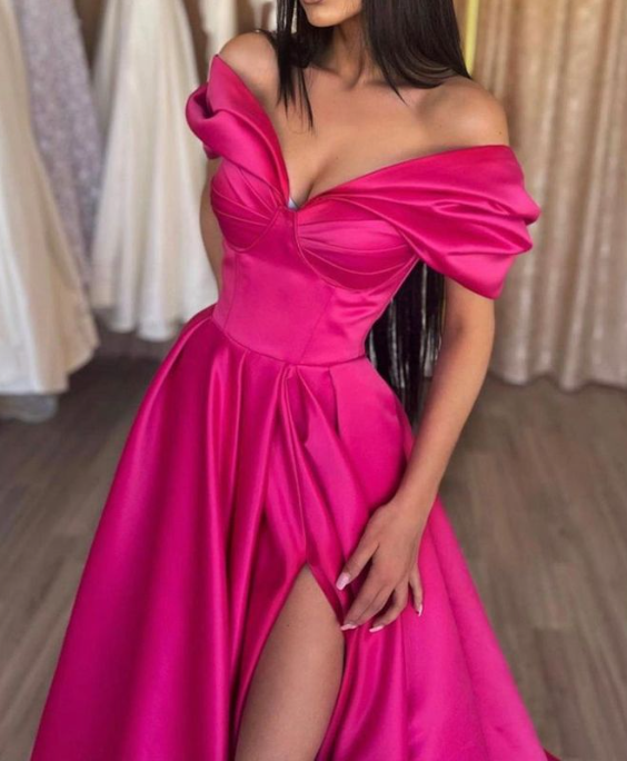 Chic Pleated Off Shoulder Slit Evening Dress Hot Pink A Line Party Prom Dress cc1674