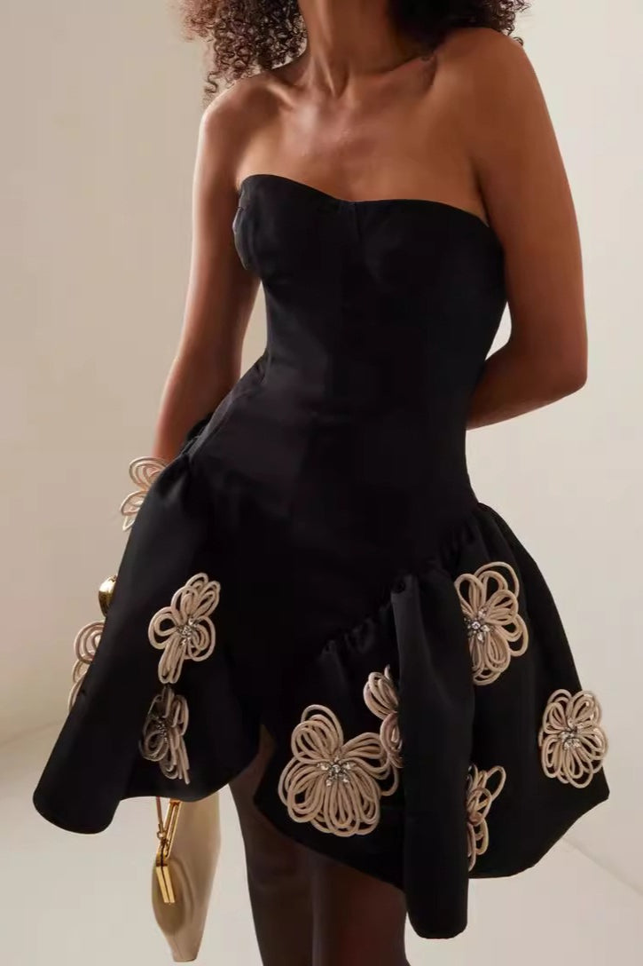 Strapless Sweetheart Corded Floral Applique Structured Fit and Flare Mini Dress