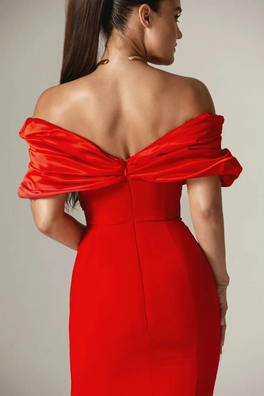 Satin Off Shoulder Ruched High Split Mermaid Gown
