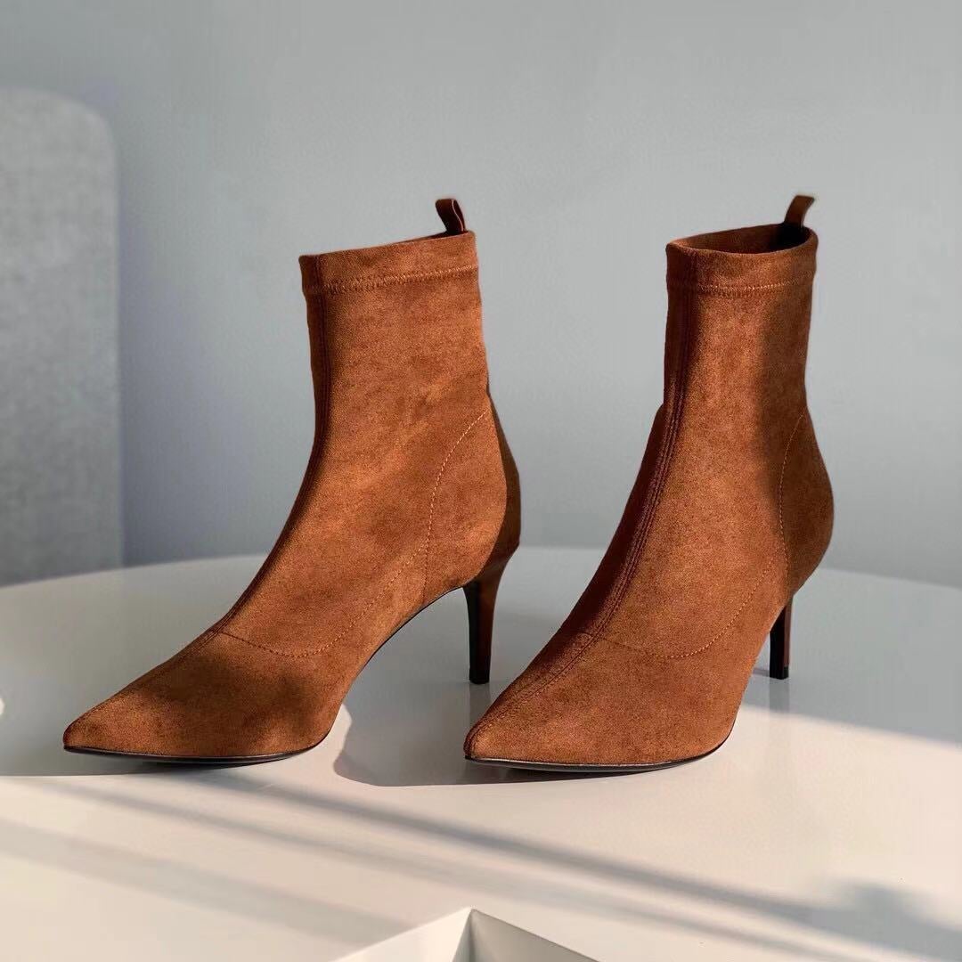 Classic Point Toe Sock Boots High Heel Stretch Boots��Elastic Suede Handmade Black/Brown