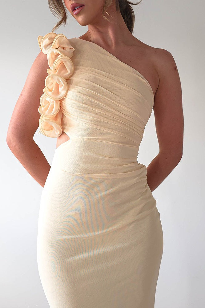 One Shoulder 3D Floral Cut Out Ruched Bodycon Maxi Dress