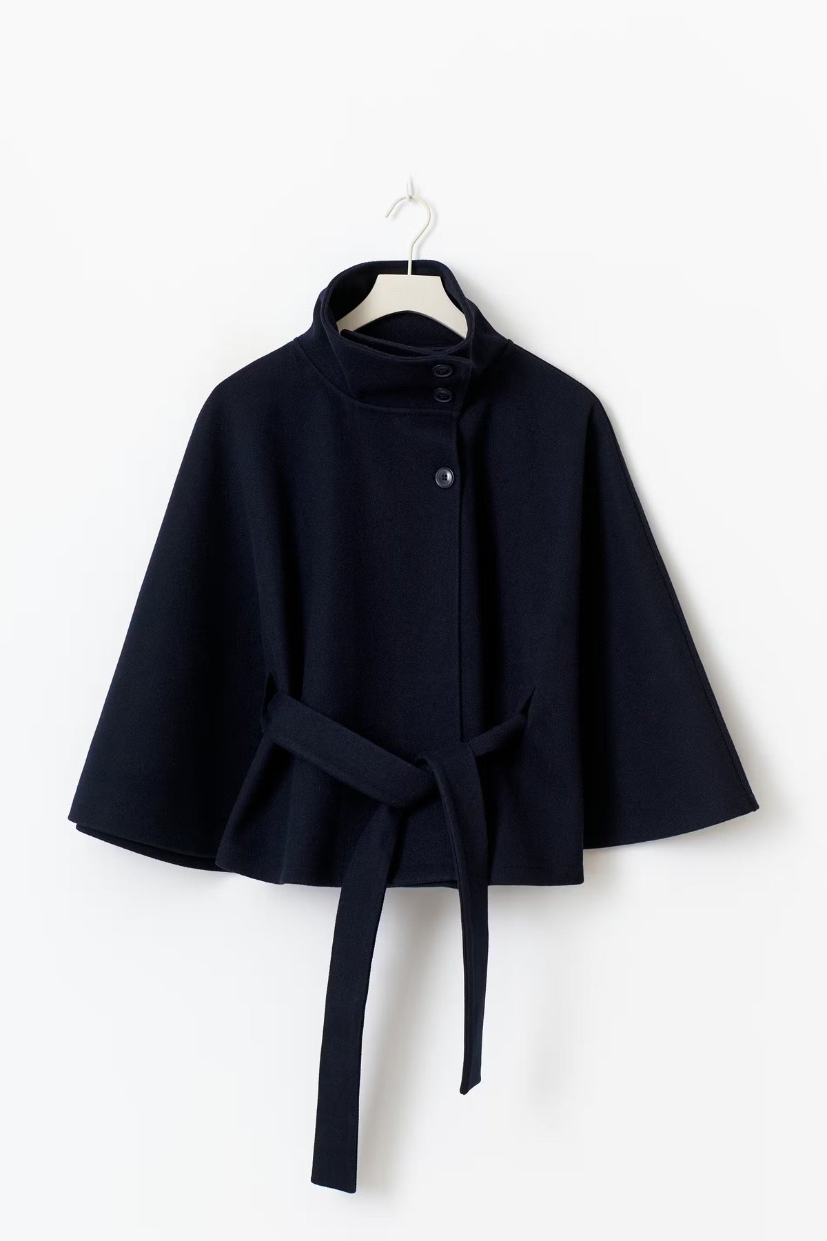 High Neck Button Front Belted Cape Jacket
