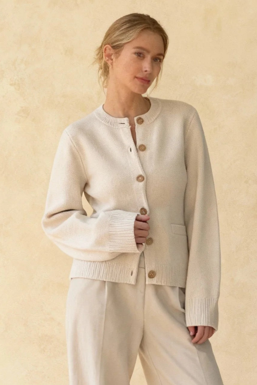 Crew Neck Button Front Long Sleeve Ribbed Trim Pocket Knit Cardigan 2