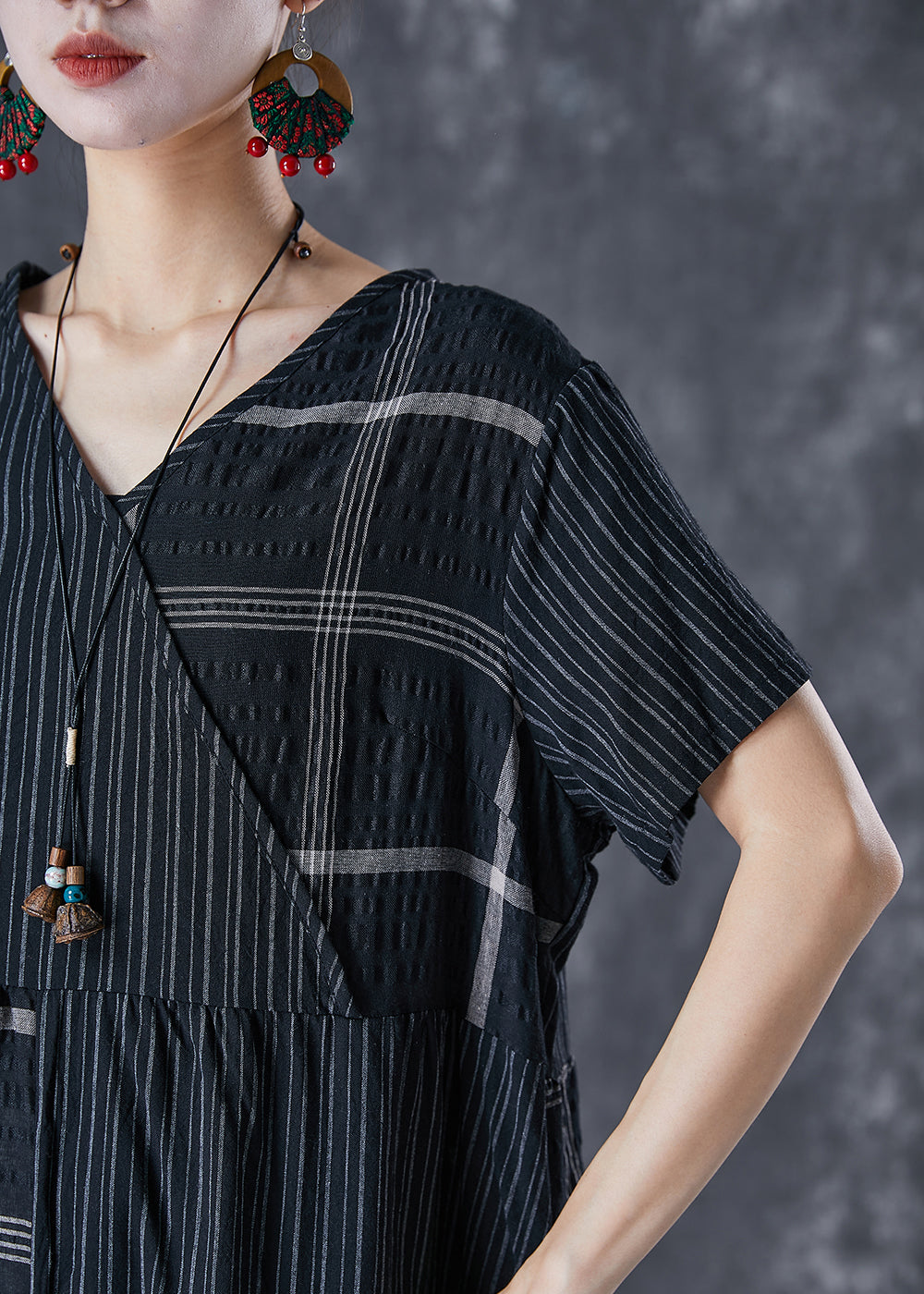 Pinstripe Windowpane Check Patchwork V-Neck Short Sleeve Gathered Waist Relaxed Midi Dress