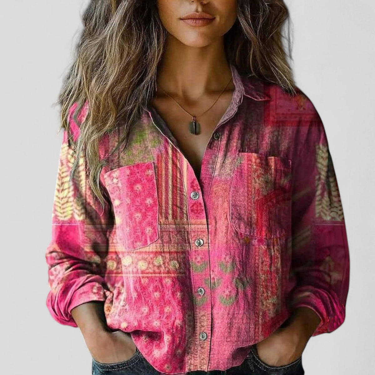 Floral Stripe Long Sleeve Button Front Collared Blouse