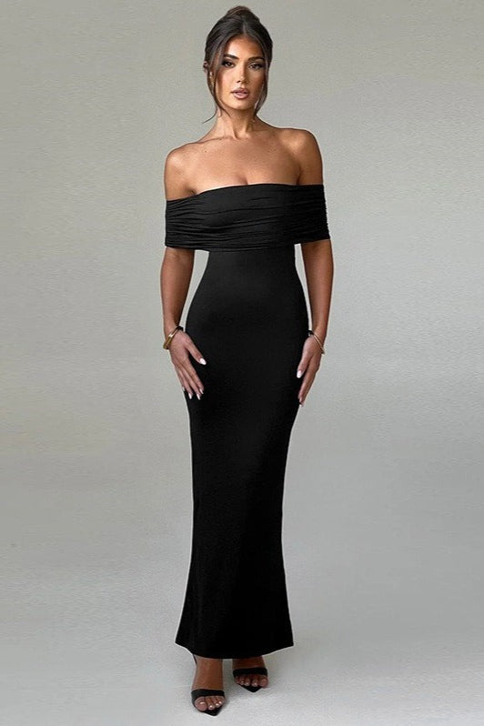 Off Shoulder Backless Ruched Bodycon Maxi Dress
