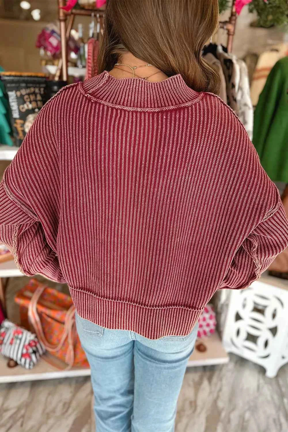 Mock Neck Drop Shoulder Exposed Seam Ribbed Knit Sweater 3