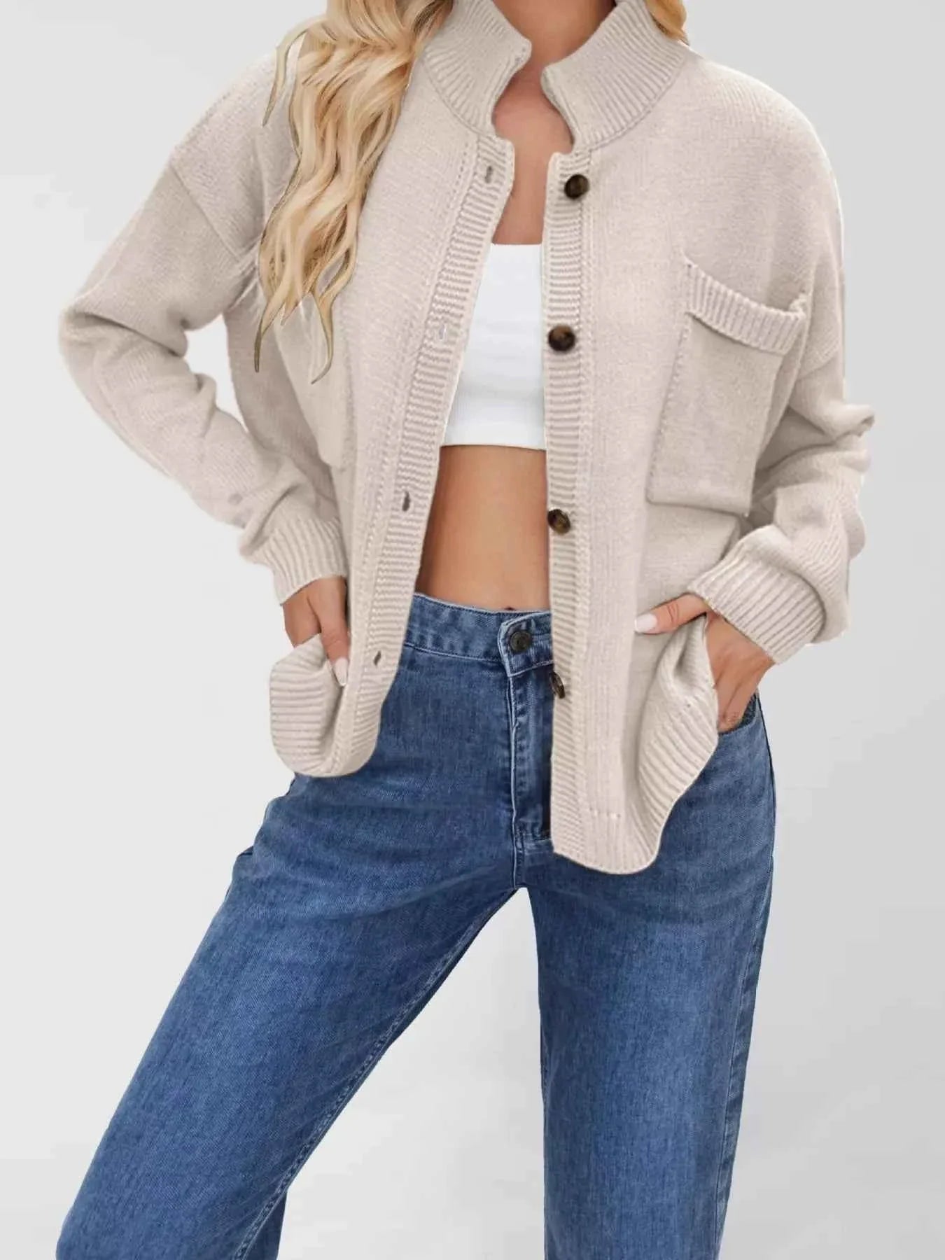 Button Up Dropped Shoulder Cardigan