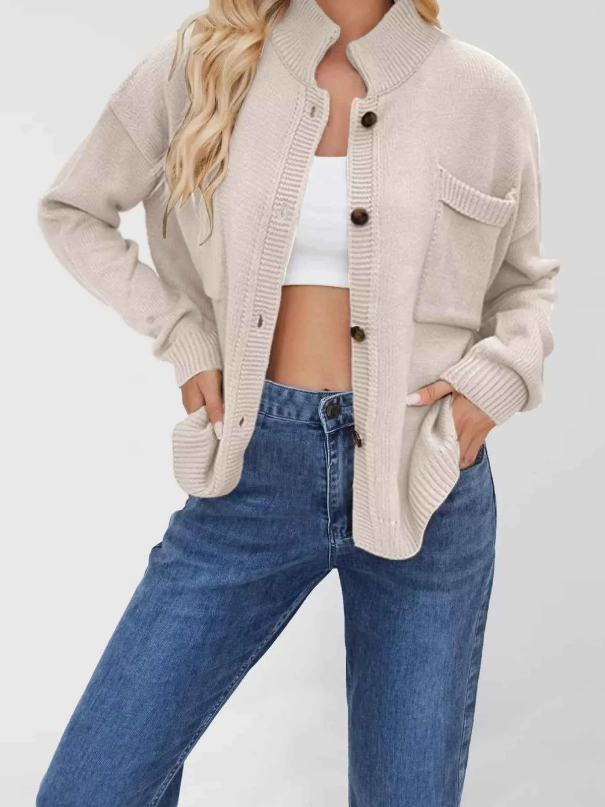 Button Up Dropped Shoulder Cardigan