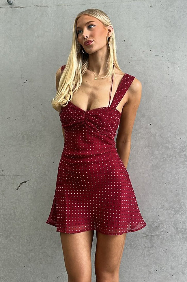 Polka Dot Sweetheart Neck Twist Front Wide Strap A-Line Mini Dress
