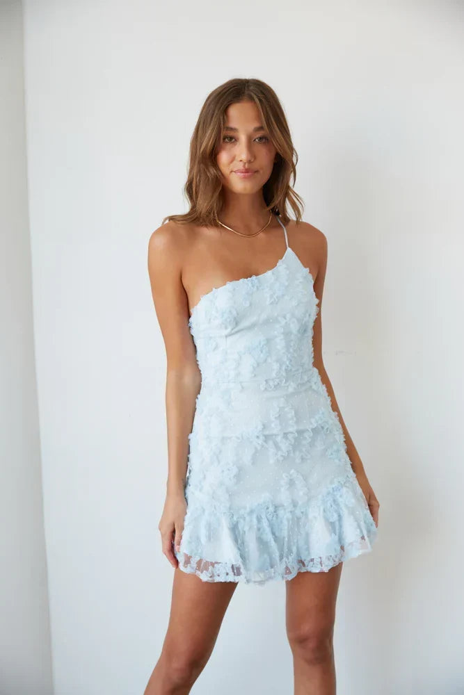 Floral Applique Lace One Shoulder Ruffle Hem Mini Dress 2