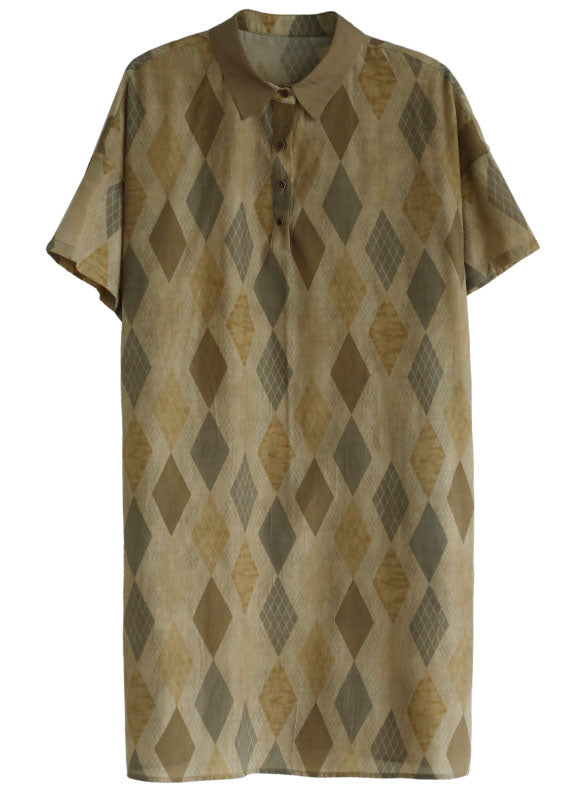 Argyle Print Polo Collar Button Front Pocket Short Sleeve Shift Dress