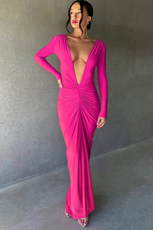 Deep V-Neck Long Sleeve Ruched Twist Front Bodycon Maxi Dress