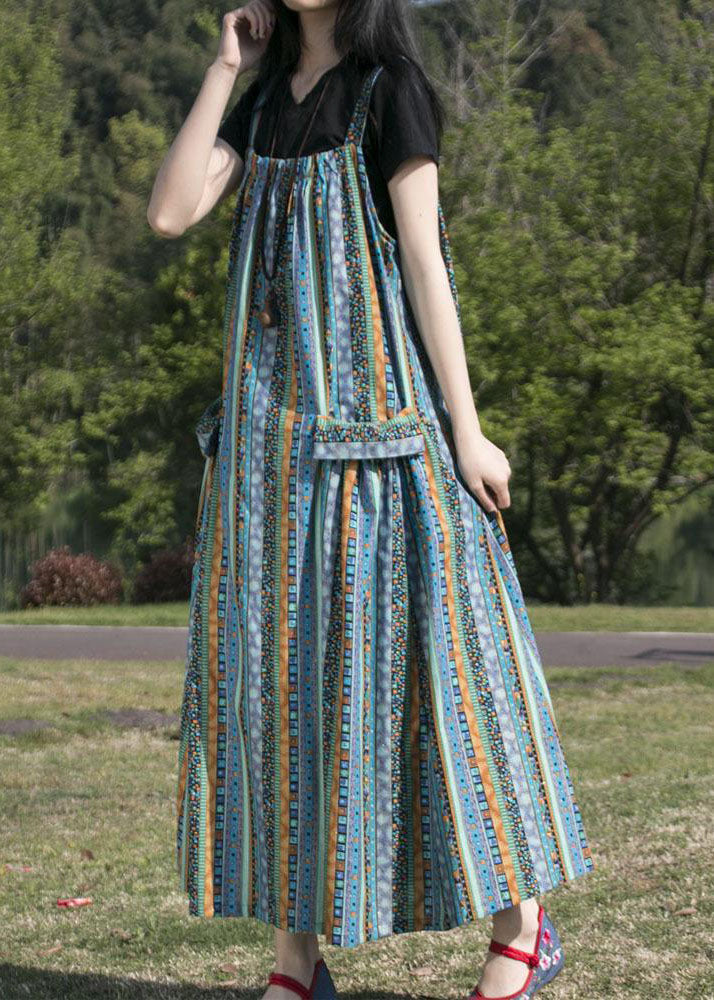 Folk Print Pocket Spaghetti Strap Oversized Maxi Pinafore Dress