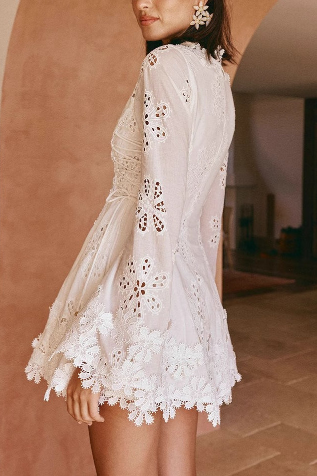 Fitted Lace Trim Tie Long Sleeve Mini Dress - View 2