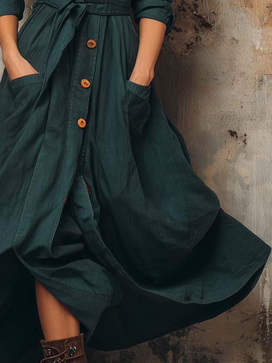 Casual Mist Blue Cotton Utility Style Tie Pocket Maxi Dress