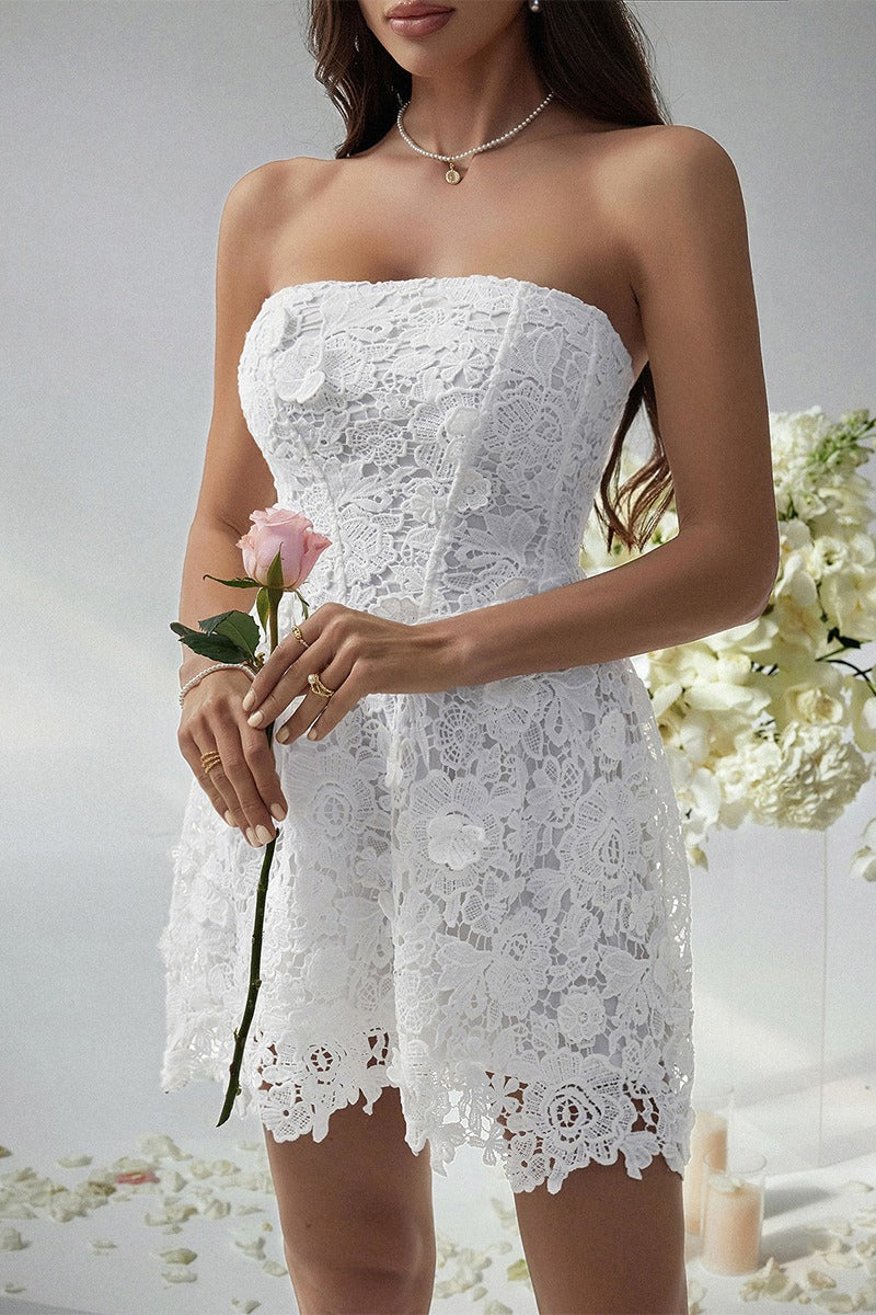 Lace Strapless Corset Bustier 3D Floral A-Line Pocket Cocktail Mini Dress
