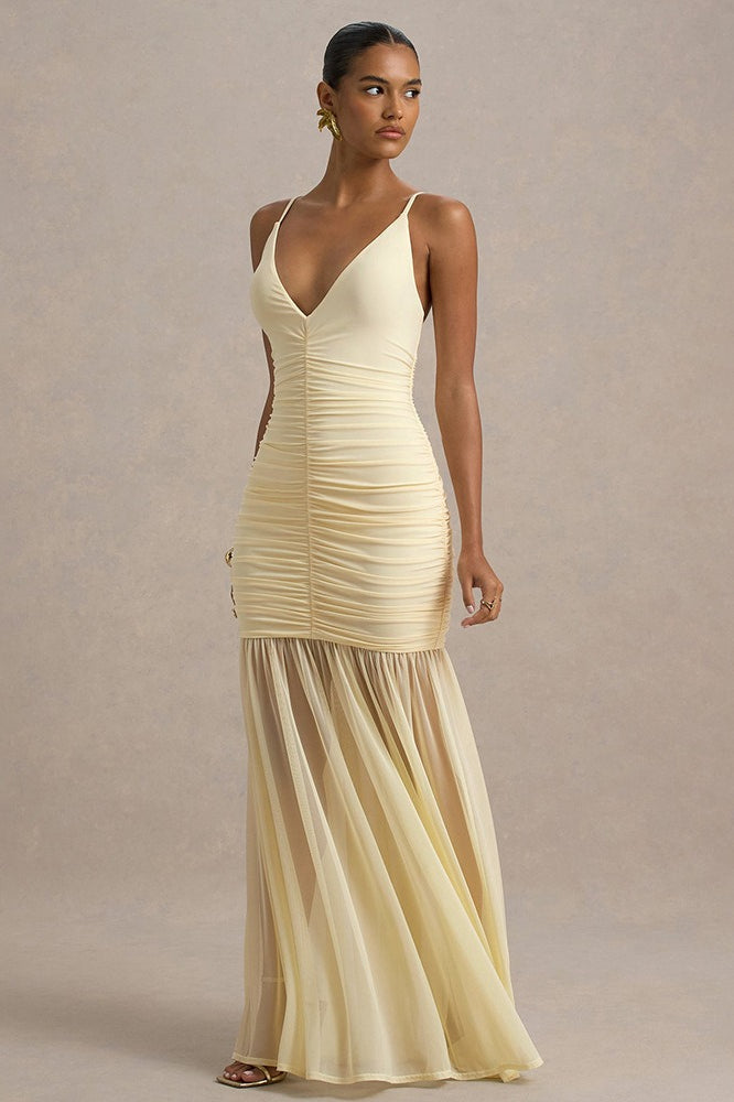 Satin Spaghetti Strap Plunge Ruched Maxi Dress