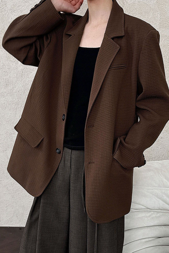Waffle Textured Notch Lapel Two Button Oversized Blazer 3