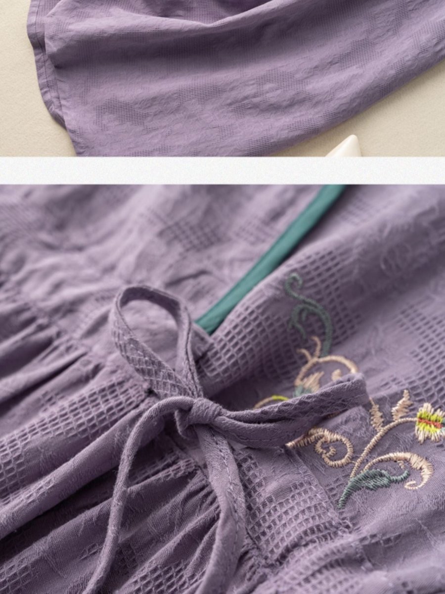 Floral Embroidery Frog Button Crossover V-Neck Tie Waist Midi Dress