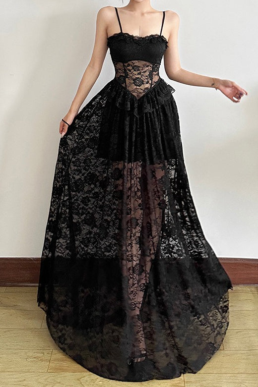 Sleeveless Ruffled Waist Maxi Lace Dress 4
