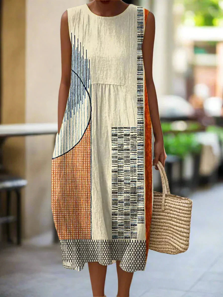 Abstract Print Round Neck Sleeveless Pocket Midi Dress