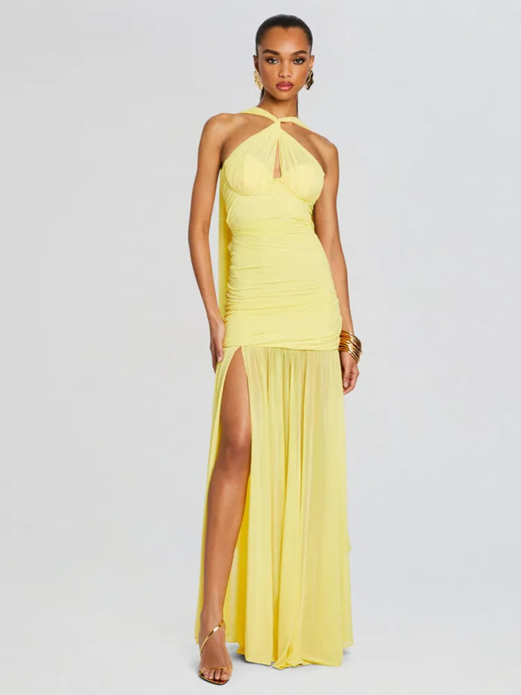 Sheer Mesh Asymmetric Halter Neck Ruched Bodice Mermaid Maxi Dress 14