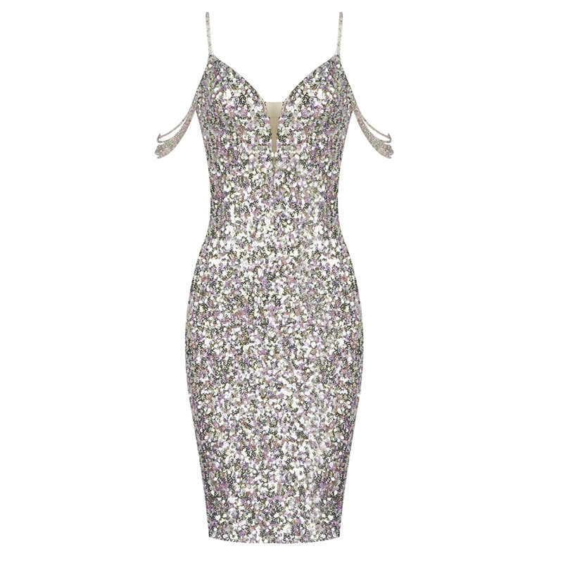 Sequin Cold Shoulder Chain Strap Plunge Bodycon Mini Dress 7