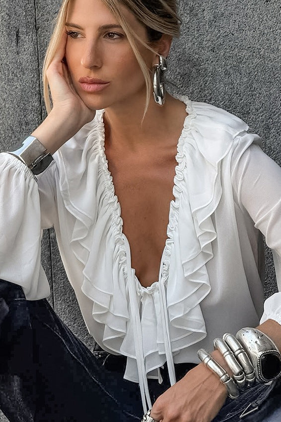 Lantern Sleeve Ruffled V Neck Tie Waist Elegant Blouse