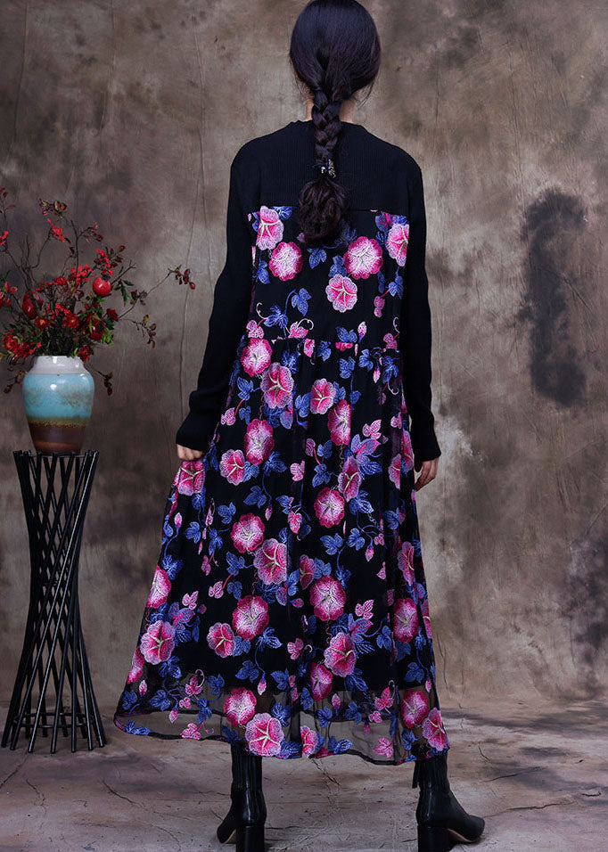 Floral Embroidered Mesh Overlay Long Sleeve Knit Maxi Dress