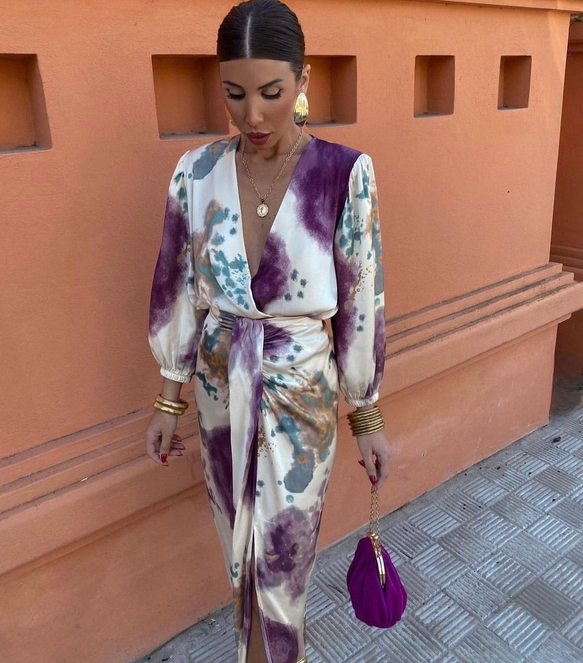 Floral Print V-Neck Long Sleeve Wrap Midi Dress