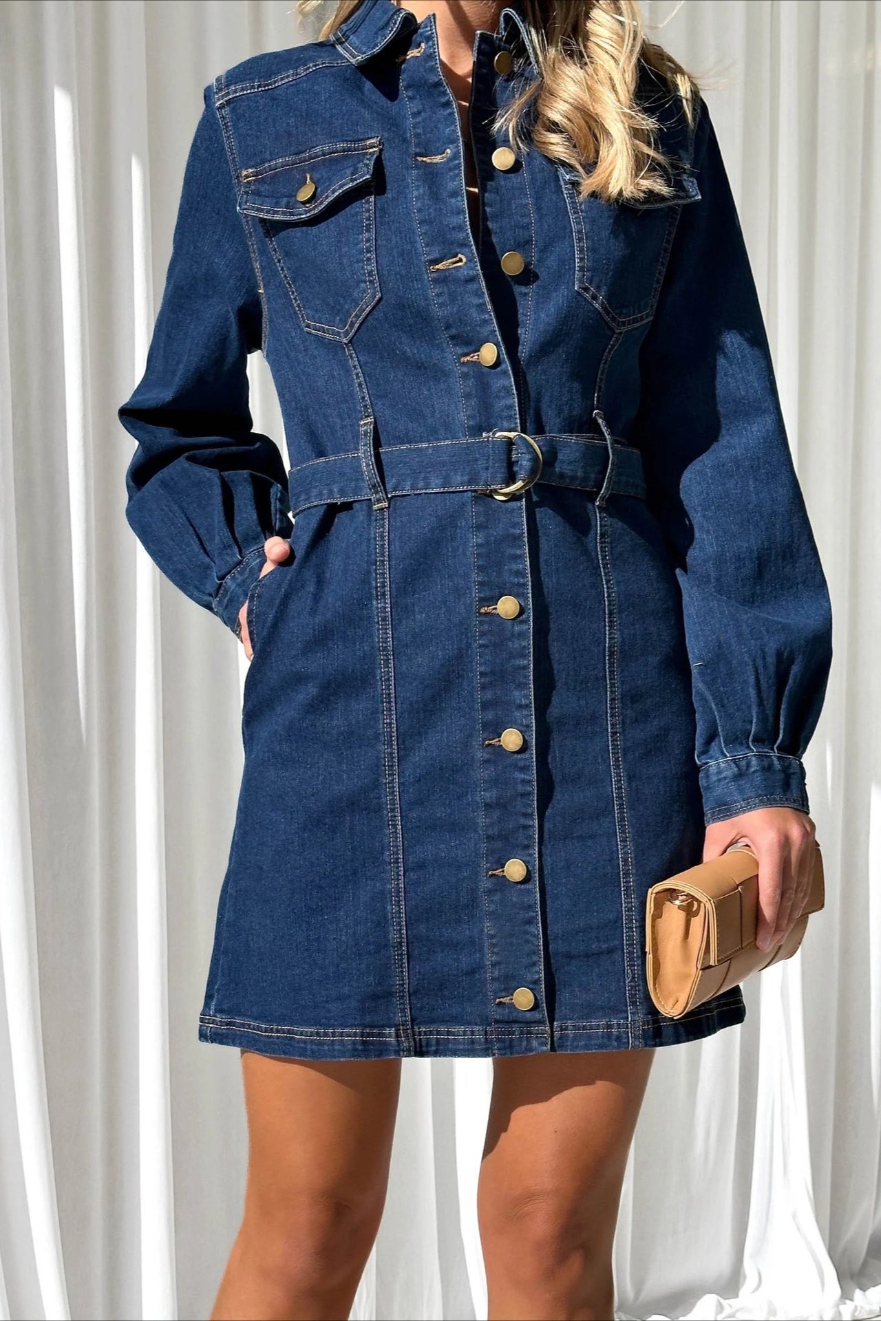 ButtonDown Tie Waist Denim Dress