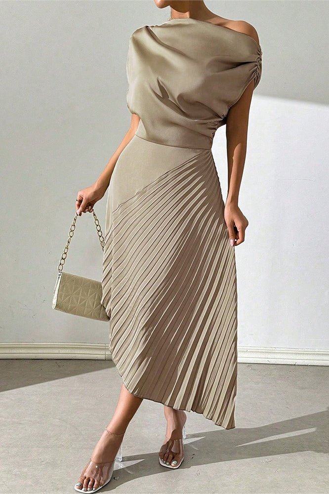 Satin One Shoulder Ruched Pleated Asymmetric Midi Dress