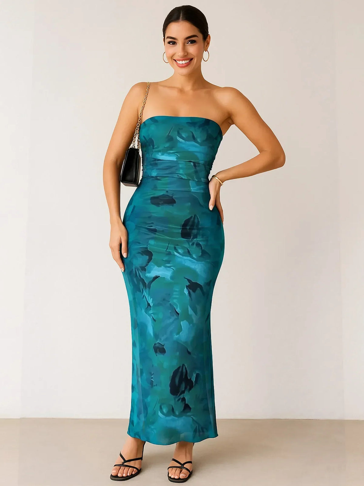 Abstract Print Strapless Ruched Bodycon Maxi Tube Dress