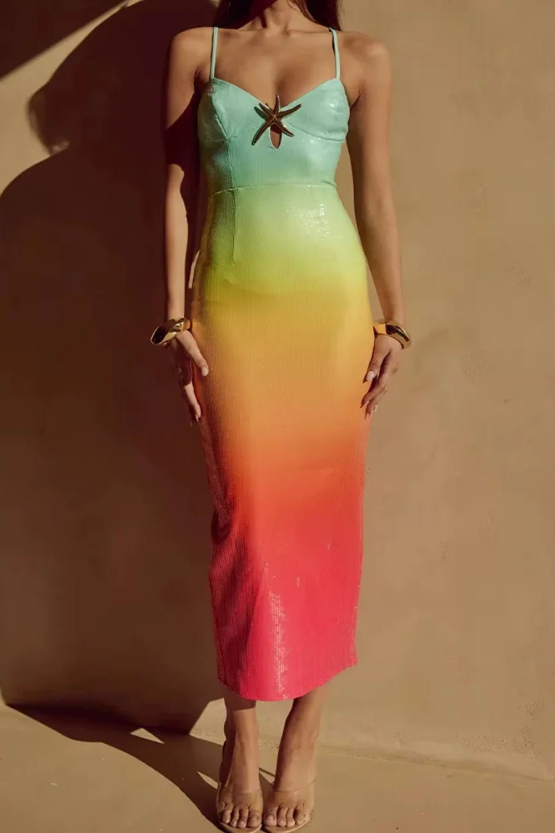 Sequin Ombre Sweetheart Spaghetti Strap Starfish Bodycon Maxi Dress