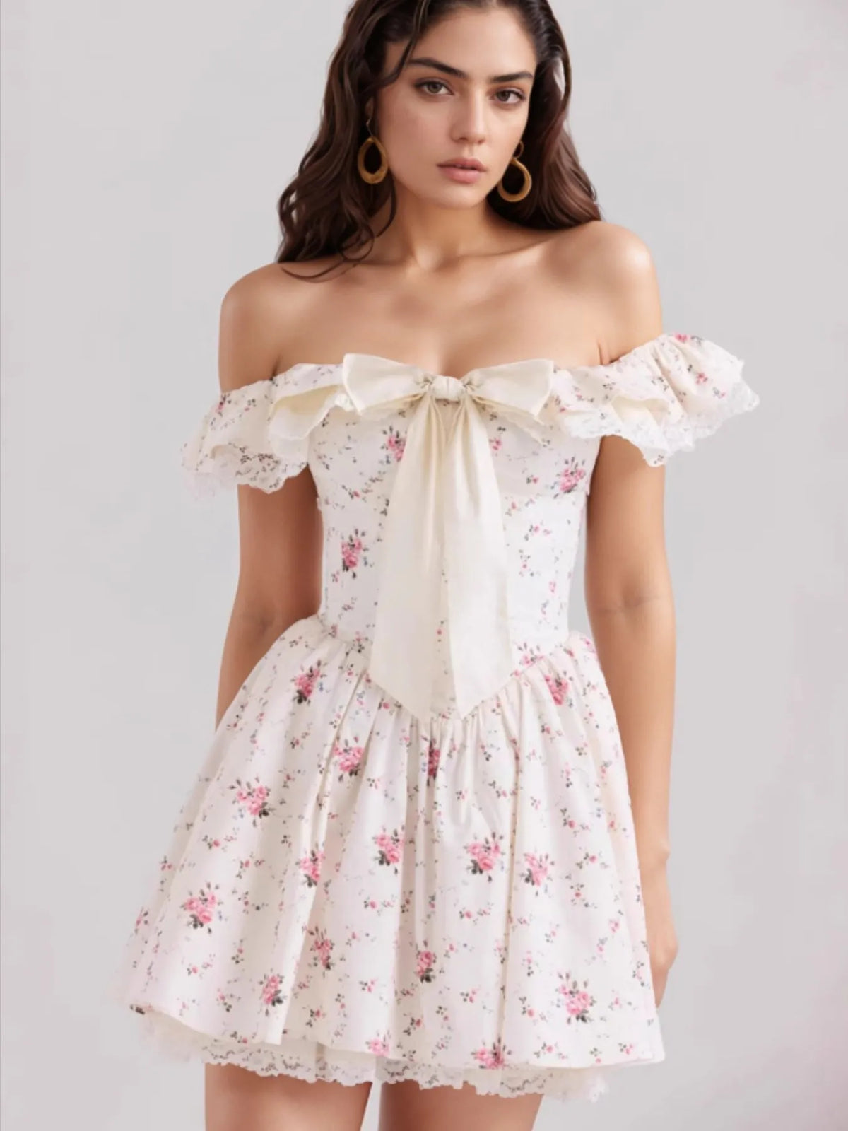 Ditsy Floral Off Shoulder Ruffle Lace Trim Bow Front Mini Dress