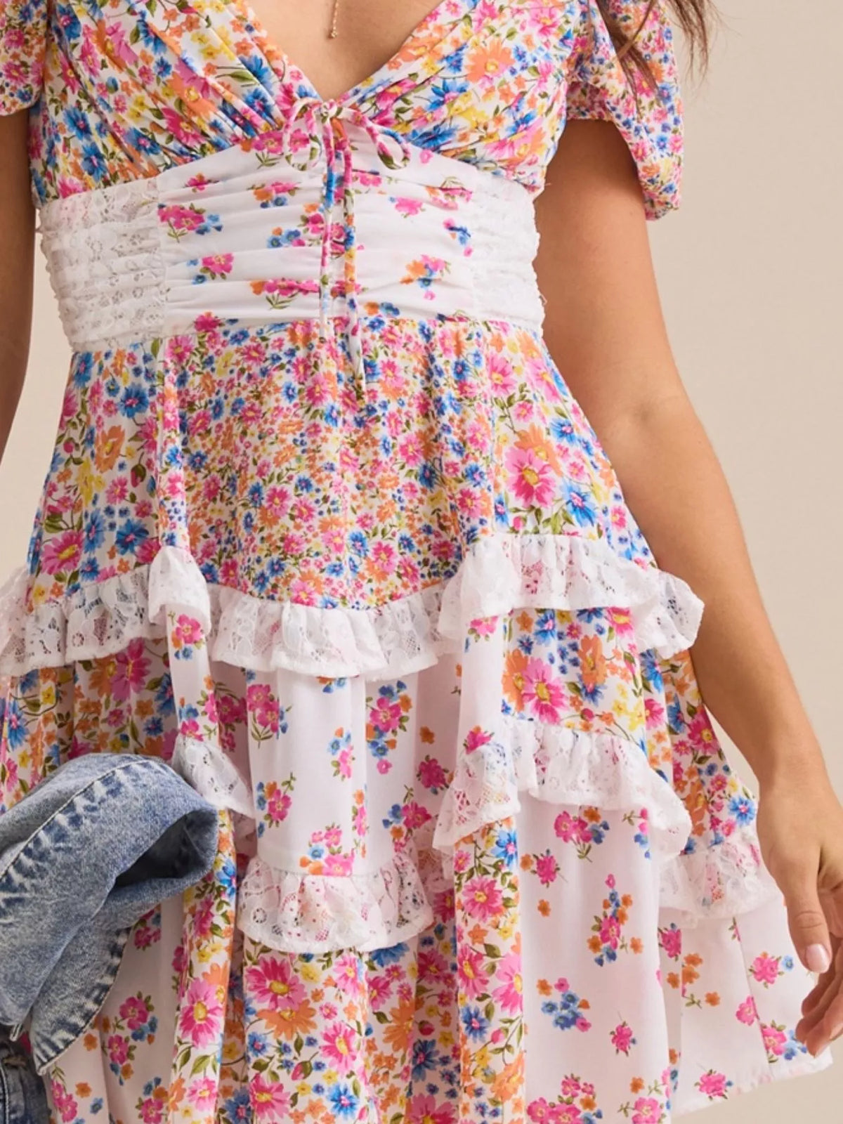 Floral Print Lace Trim Sweetheart Puff Sleeve Tiered Mini Dress 11