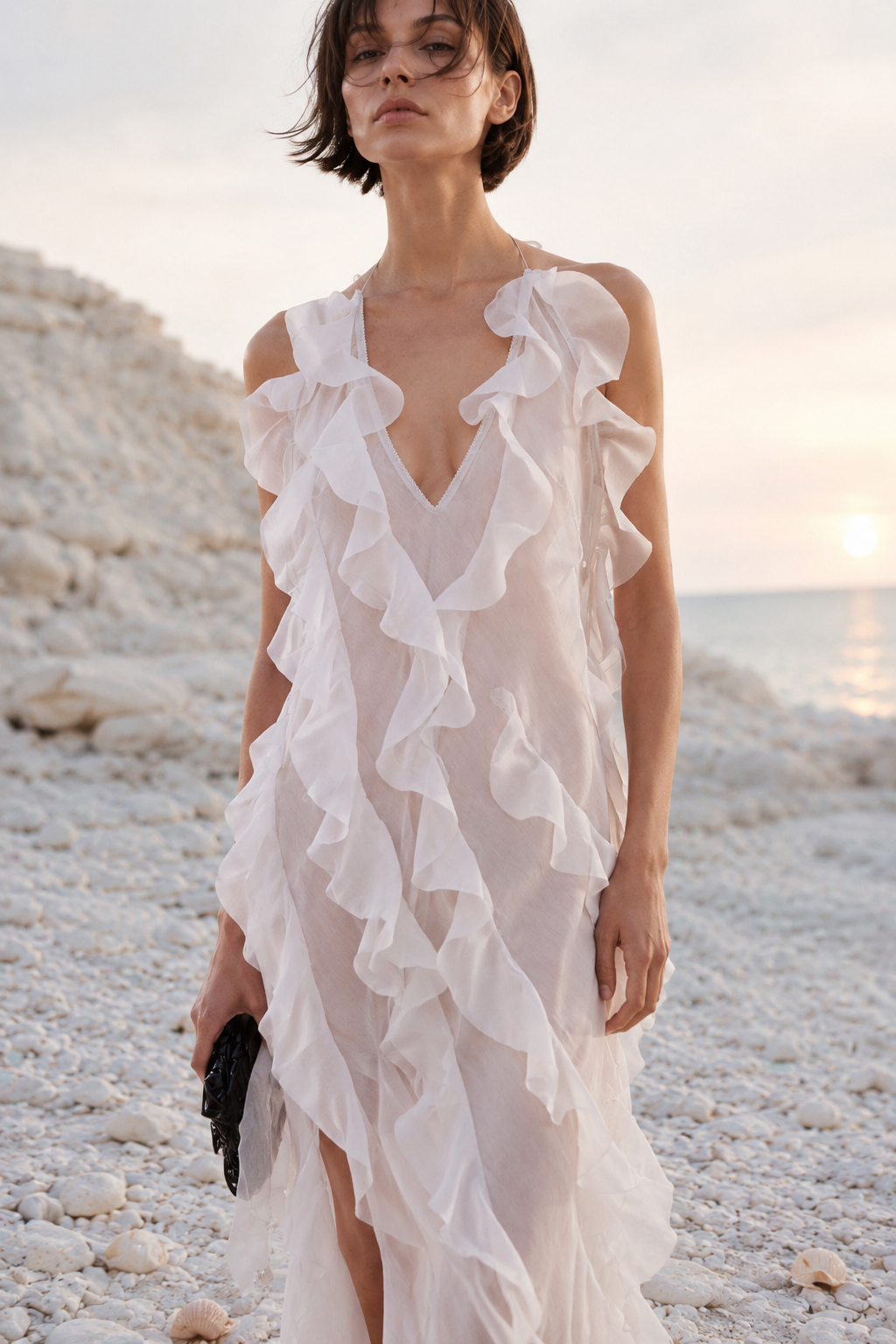 Plunge Mesh Asymmetric Ruffle Trim Long Slip Dress