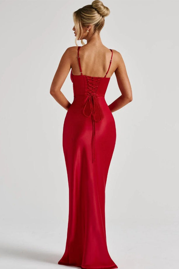 Satin Corset Deep V-Neck Pleated Bust Wide Strap Bodycon Maxi Gown