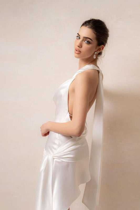 Halter Cowl Neck Rosette Side Sash Drape Train Mini Dress