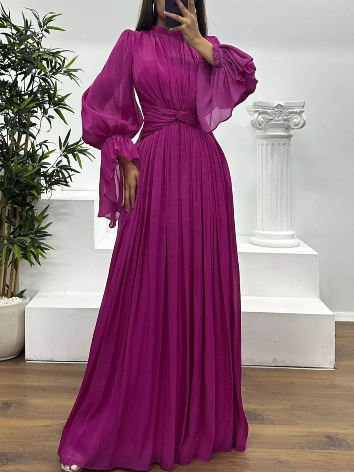 Pleated Satin Mock Neck Flared Bell Sleeve Twist Waist Maxi Gown 17