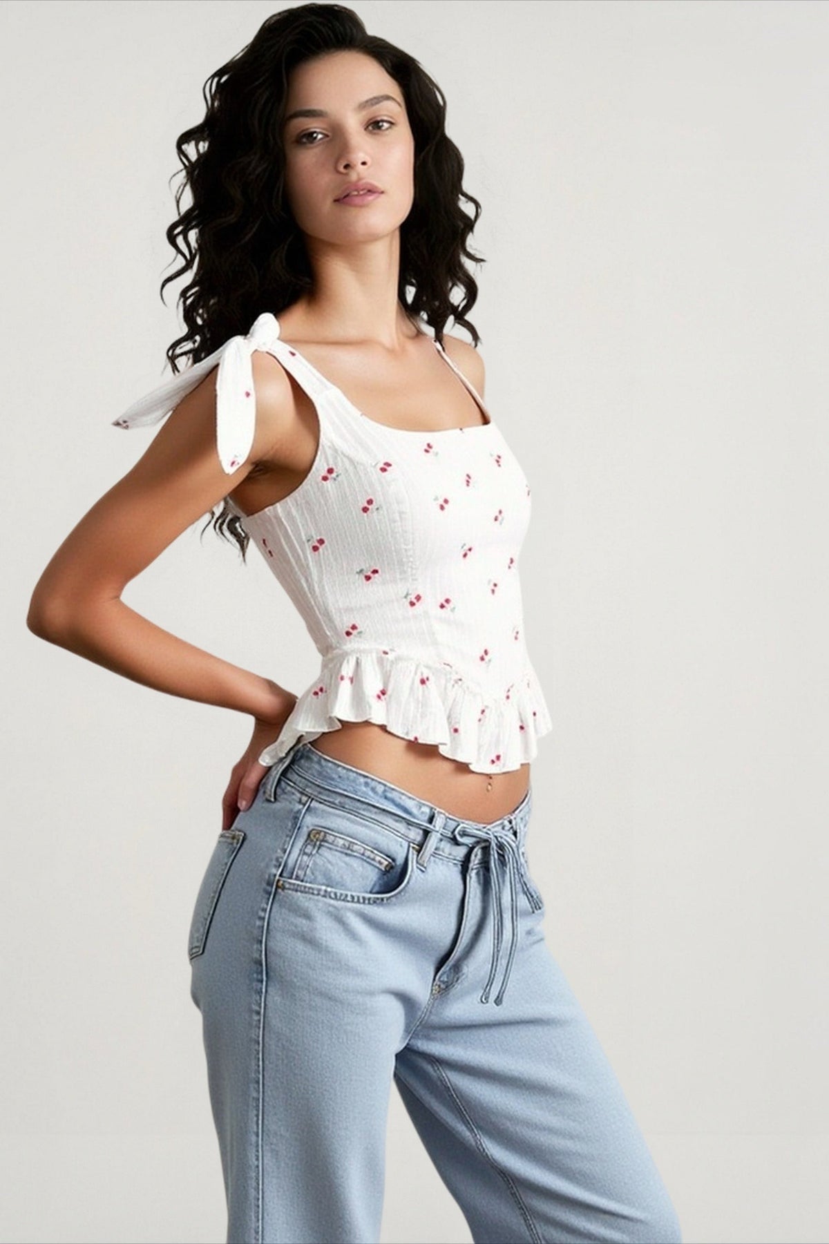 Cherry Print Off Shoulder Tie Sleeve Ruffle Hem Peplum Top 2