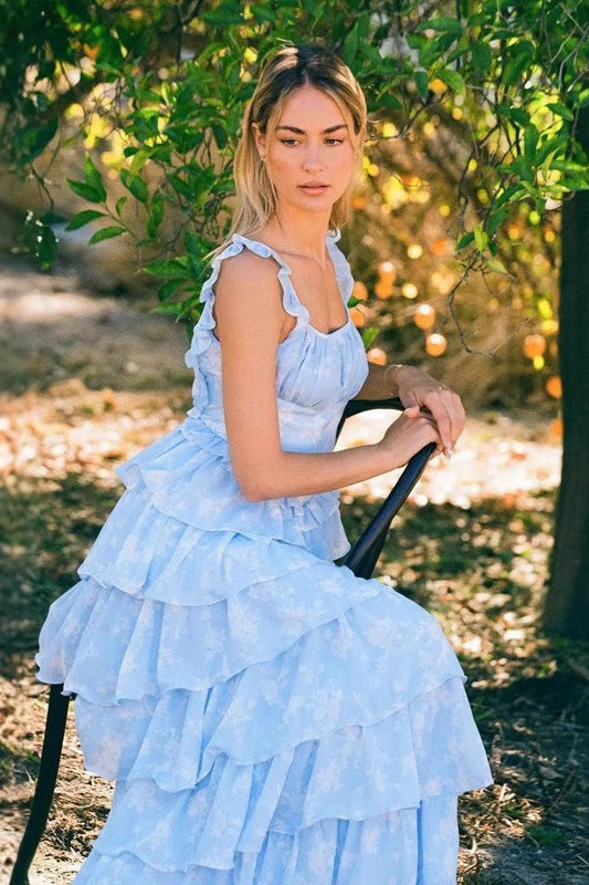 Floral Square Neck Ruffle Strap Tiered Maxi Prom Dress